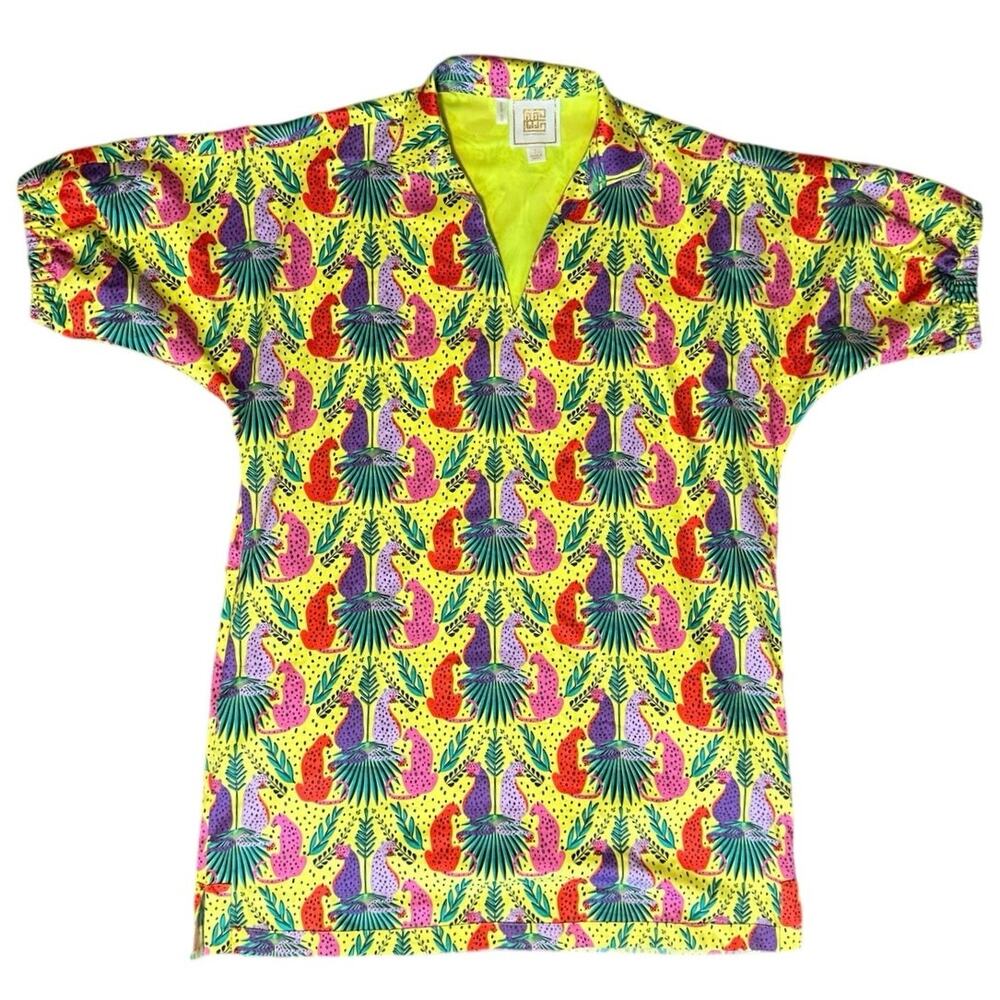 Emily McCarthy Poppy Peekaboo Caftan Dress Neon Leopards Cats V-Neck Size Large